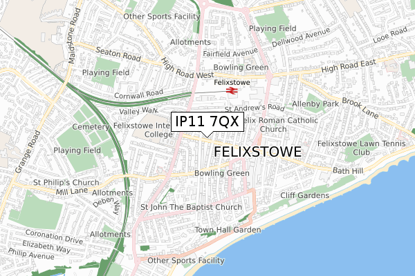 IP11 7QX map - small scale - OS Open Zoomstack (Ordnance Survey)