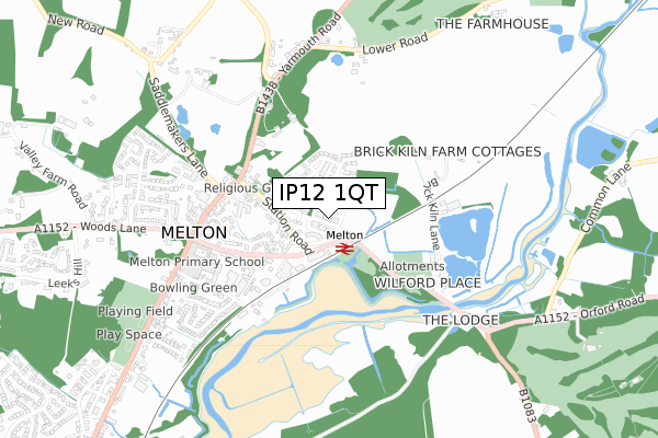 IP12 1QT map - small scale - OS Open Zoomstack (Ordnance Survey)