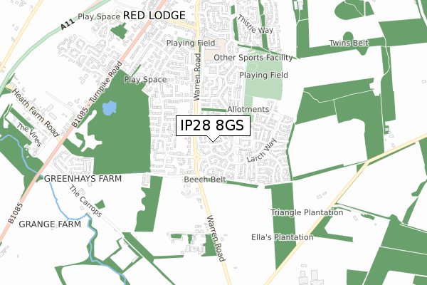 IP28 8GS map - small scale - OS Open Zoomstack (Ordnance Survey)