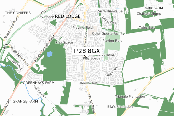 IP28 8GX map - small scale - OS Open Zoomstack (Ordnance Survey)