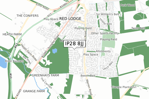 IP28 8JJ map - small scale - OS Open Zoomstack (Ordnance Survey)