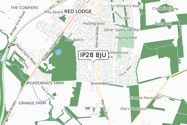 IP28 8JU map - small scale - OS Open Zoomstack (Ordnance Survey)