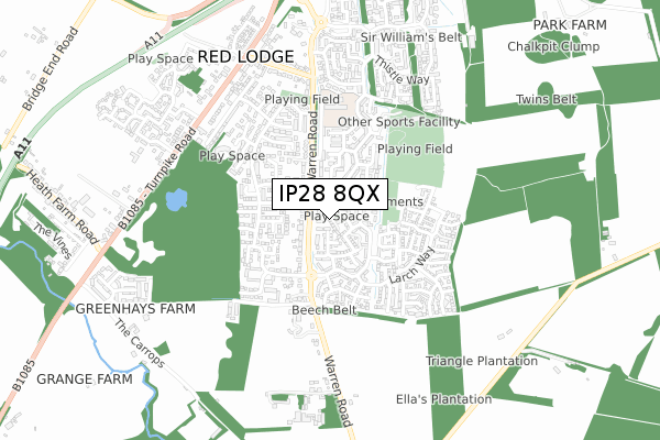 IP28 8QX map - small scale - OS Open Zoomstack (Ordnance Survey)