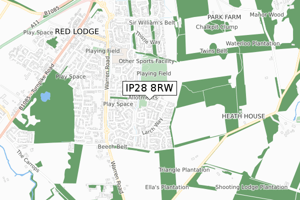 IP28 8RW map - small scale - OS Open Zoomstack (Ordnance Survey)