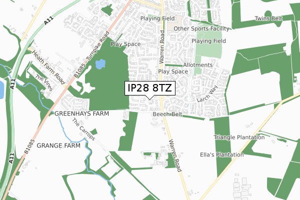 IP28 8TZ map - small scale - OS Open Zoomstack (Ordnance Survey)