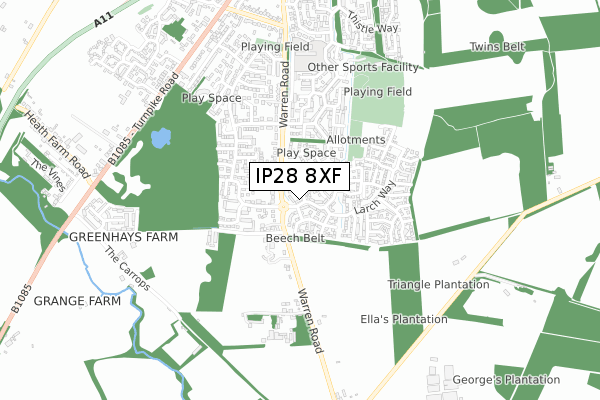 IP28 8XF map - small scale - OS Open Zoomstack (Ordnance Survey)