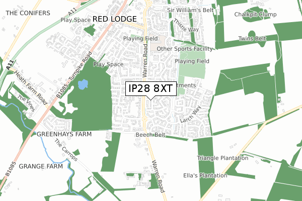 IP28 8XT map - small scale - OS Open Zoomstack (Ordnance Survey)