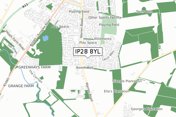 IP28 8YL map - small scale - OS Open Zoomstack (Ordnance Survey)