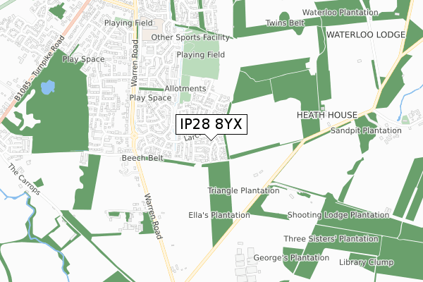 IP28 8YX map - small scale - OS Open Zoomstack (Ordnance Survey)