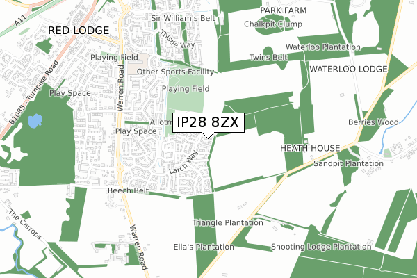 IP28 8ZX map - small scale - OS Open Zoomstack (Ordnance Survey)