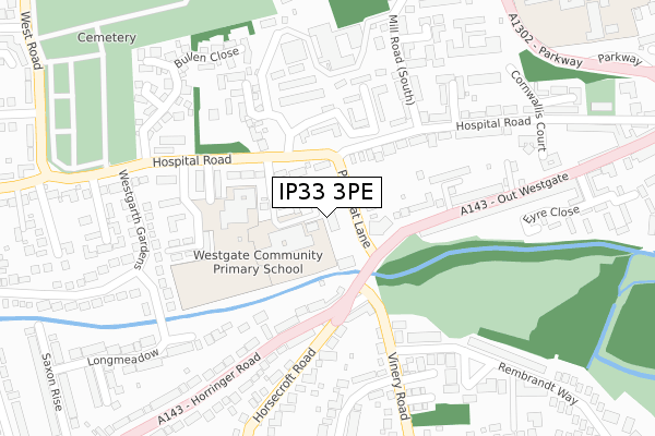 IP33 3PE map - large scale - OS Open Zoomstack (Ordnance Survey)