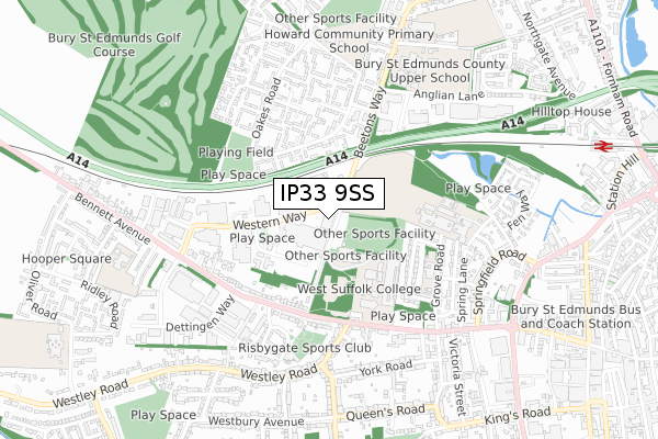 IP33 9SS map - small scale - OS Open Zoomstack (Ordnance Survey)