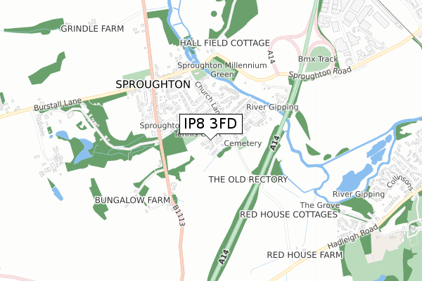 IP8 3FD map - small scale - OS Open Zoomstack (Ordnance Survey)