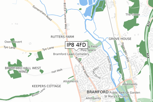 IP8 4FD map - small scale - OS Open Zoomstack (Ordnance Survey)