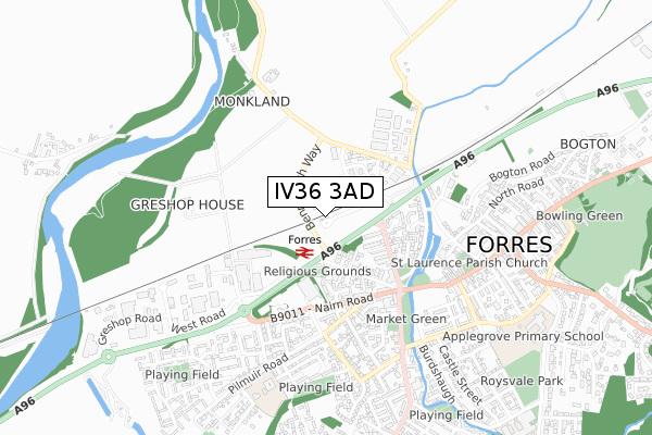 IV36 3AD map - small scale - OS Open Zoomstack (Ordnance Survey)