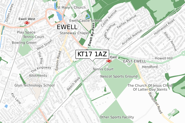 KT17 1AZ map - small scale - OS Open Zoomstack (Ordnance Survey)