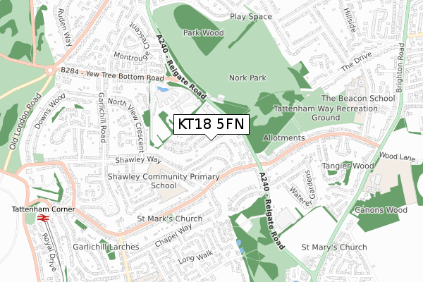 KT18 5FN map - small scale - OS Open Zoomstack (Ordnance Survey)