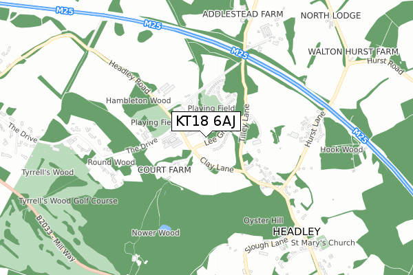 KT18 6AJ map - small scale - OS Open Zoomstack (Ordnance Survey)