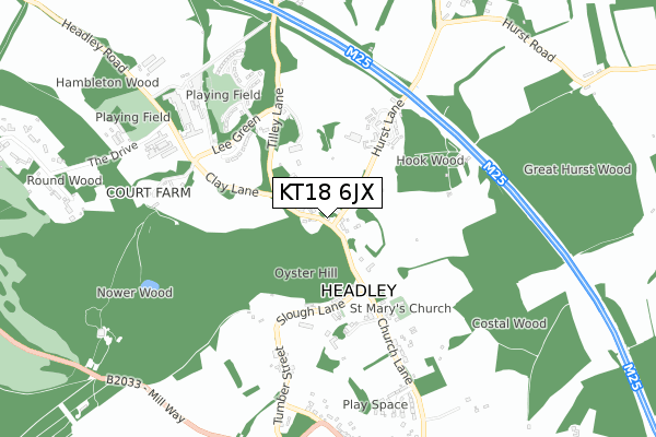 KT18 6JX map - small scale - OS Open Zoomstack (Ordnance Survey)