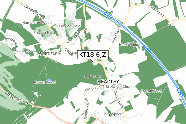 KT18 6JZ map - small scale - OS Open Zoomstack (Ordnance Survey)