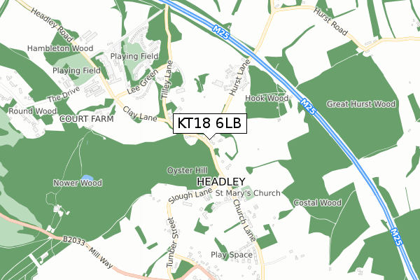 KT18 6LB map - small scale - OS Open Zoomstack (Ordnance Survey)