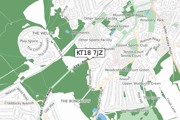 KT18 7JZ map - small scale - OS Open Zoomstack (Ordnance Survey)