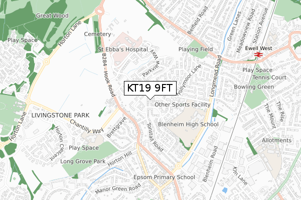 KT19 9FT map - small scale - OS Open Zoomstack (Ordnance Survey)