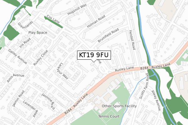 KT19 9FU map - large scale - OS Open Zoomstack (Ordnance Survey)