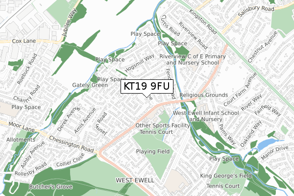 KT19 9FU map - small scale - OS Open Zoomstack (Ordnance Survey)