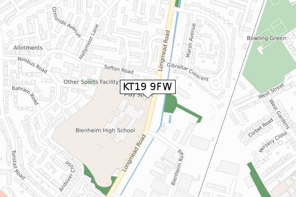 KT19 9FW map - large scale - OS Open Zoomstack (Ordnance Survey)