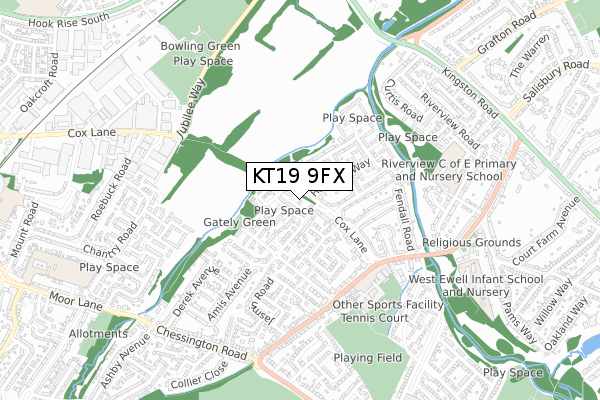 KT19 9FX map - small scale - OS Open Zoomstack (Ordnance Survey)