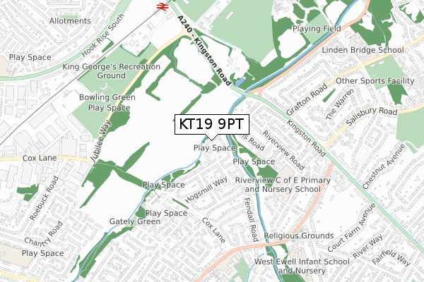 KT19 9PT map - small scale - OS Open Zoomstack (Ordnance Survey)