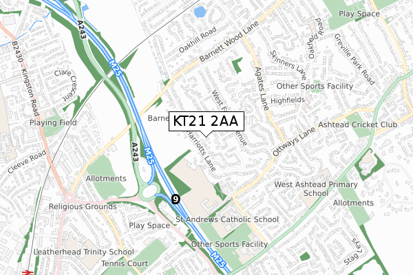 KT21 2AA map - small scale - OS Open Zoomstack (Ordnance Survey)