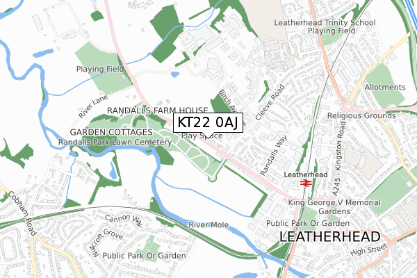 KT22 0AJ map - small scale - OS Open Zoomstack (Ordnance Survey)