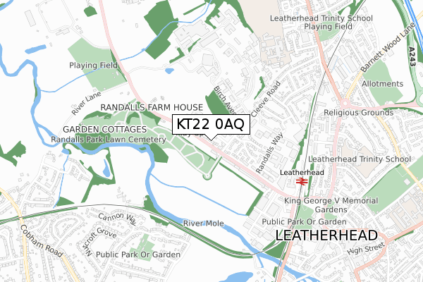 KT22 0AQ map - small scale - OS Open Zoomstack (Ordnance Survey)