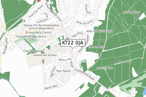 KT22 0JA map - small scale - OS Open Zoomstack (Ordnance Survey)