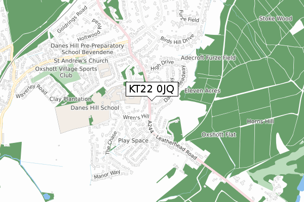 KT22 0JQ map - small scale - OS Open Zoomstack (Ordnance Survey)