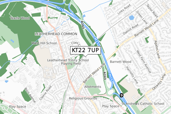 KT22 7UP map - small scale - OS Open Zoomstack (Ordnance Survey)