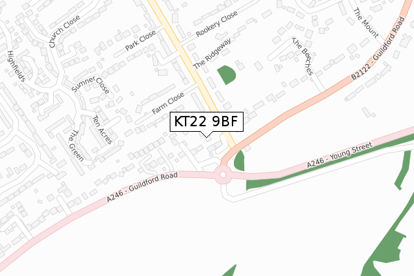 KT22 9BF map - large scale - OS Open Zoomstack (Ordnance Survey)