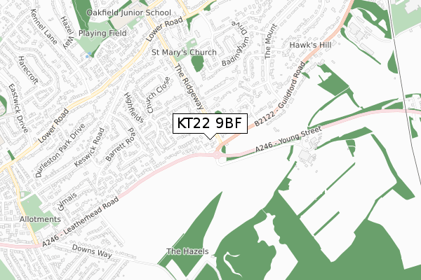 KT22 9BF map - small scale - OS Open Zoomstack (Ordnance Survey)