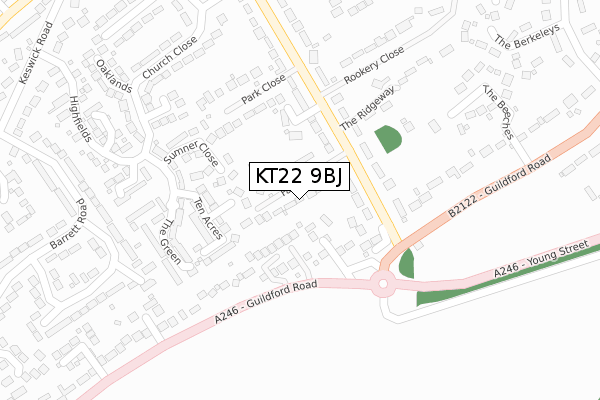 KT22 9BJ map - large scale - OS Open Zoomstack (Ordnance Survey)