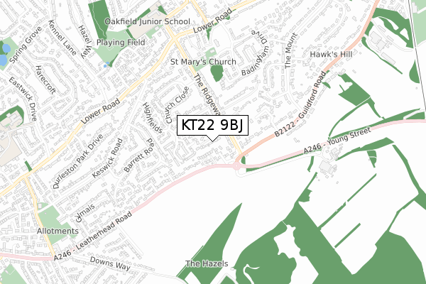 KT22 9BJ map - small scale - OS Open Zoomstack (Ordnance Survey)