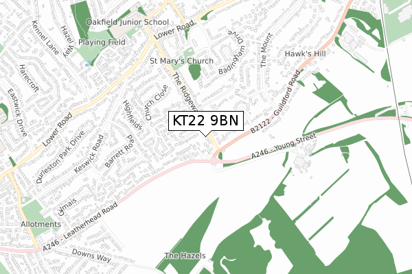 KT22 9BN map - small scale - OS Open Zoomstack (Ordnance Survey)