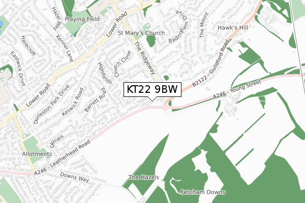 KT22 9BW map - small scale - OS Open Zoomstack (Ordnance Survey)