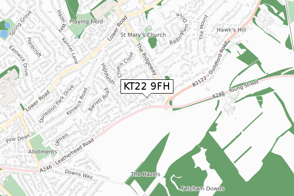 KT22 9FH map - small scale - OS Open Zoomstack (Ordnance Survey)