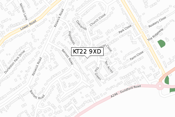 KT22 9XD map - large scale - OS Open Zoomstack (Ordnance Survey)