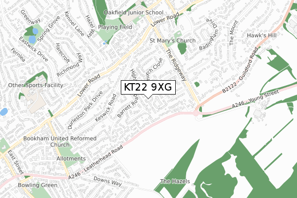 KT22 9XG map - small scale - OS Open Zoomstack (Ordnance Survey)