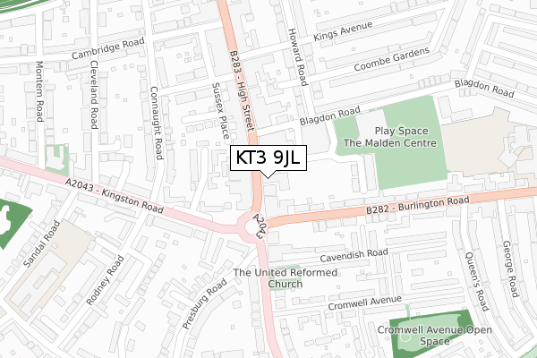 KT3 9JL map - large scale - OS Open Zoomstack (Ordnance Survey)