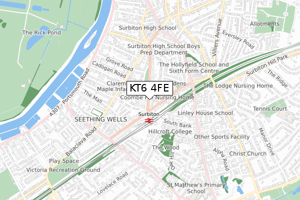 KT6 4FE map - small scale - OS Open Zoomstack (Ordnance Survey)