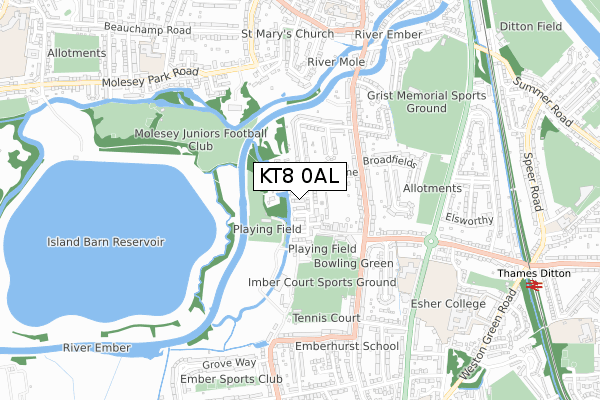 KT8 0AL map - small scale - OS Open Zoomstack (Ordnance Survey)